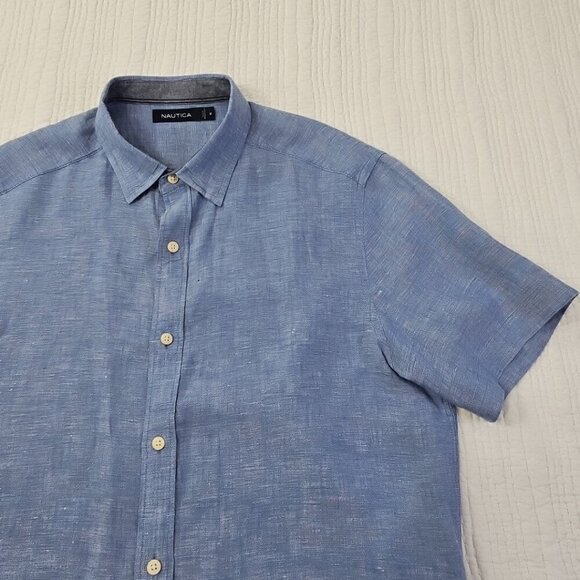 Nautica Linen Blend Short Sleeve Shirt Men's M Blue Button Up EUC LN Resortwear - Picture 4 of 12